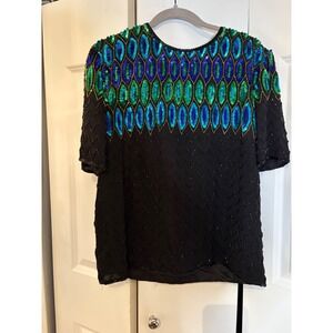 Vintage 80s/90s 100% Silk Sequin Top – Black with Peacock Bead Design – Made in
